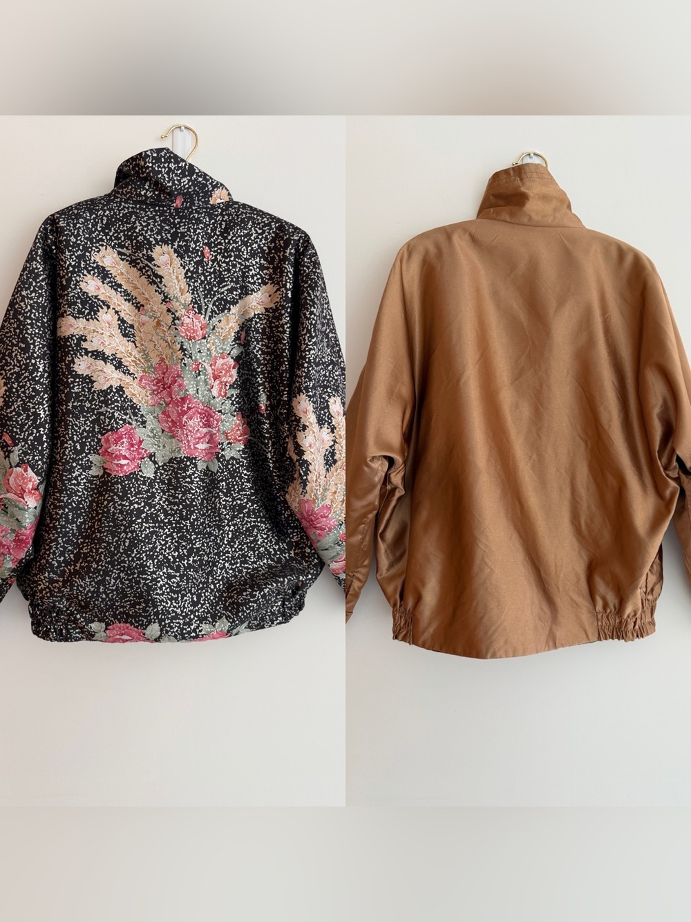 BOMBER JACKET Vintage Reversible Satin Zip Front Korean Design Floral Metallic